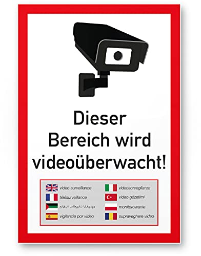 Plage de cette wird videoüberwacht, ML, rouge et blanc Appareil photo réaliste Symbol (vertical), Señalizacion Placa Vigilante de Seguridad