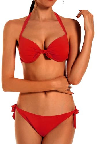 EONAR Damen Bademode Nackenträger Push up Bikinioberteil mit Underwire Einstellbar Seitlich Bindungen Bikini-Sets, (Größe:40-42)70D/75D/80C/85B, Rot