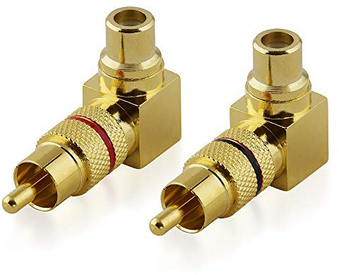 2 Stück RCA L-R Audio Adapter Verbindungsstück, Metall Cinch Stecker männlich auf Metall Cinch Buchse Kupplung weiblich 90° abgewinkelt, vergoldet, Schwarz