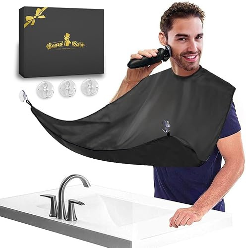 Beard Hair Catcher, Black Shaving Bib for Men, Stocking Fillers for Men | Lightweight Water Resistant Shaving Bib, Foldable, Storage Pouch & 3 Hooks, Reusable Easy Wash,Gift Box for Father Men