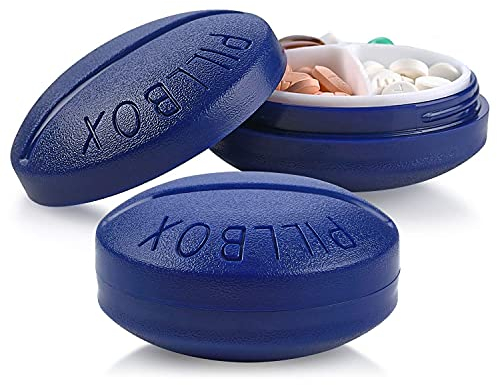 MEDca kleine pillenschachteln - 2er pack - mini kompakt rund tragbar 4 f?cher reisepillen koffer Veranstalter, vitamin- und medikamentenspenderhalter für bis zu 4 mal t?glich, bpa freie pillen