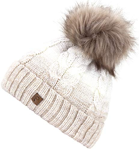 Faera Wintermütze Mütze Damen warm gefüttert mit Kunstfell Bommel-Mütze Fleecefutter Winter Strickmütze Beanie, Farbe:Beige