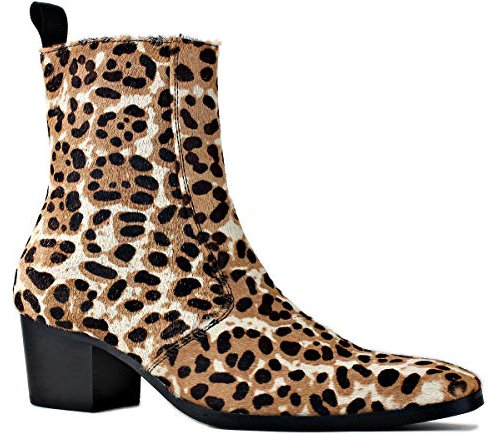 OSSTONE Chelsea Cowboy Stiefel für Männer High Heels Boots Men Herren Kleid Schuhe Reißverschluss Leder Leoparden OS-JY012-A-DE，Beige，Mens Size EU46