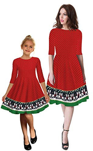 Kleid Mutter Und Tochter Weihnachtskleid Weihnachtsmütze Geschenk Blumendruck Prinzessin Festlichekostüm Familie Kleidung Abend Partykleid A Linie Swing Partykleid 092-Rot M