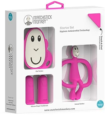 Matchstick Monkey Beißring Starter Set 3 teilig - Baby Zahnungshilfen - für wundes Zahnfleisch - Silikon - BPA-Frei - Beißring Tiermotiv, Beißring Gesicht, Fingerzahnbürsten - Affe pink