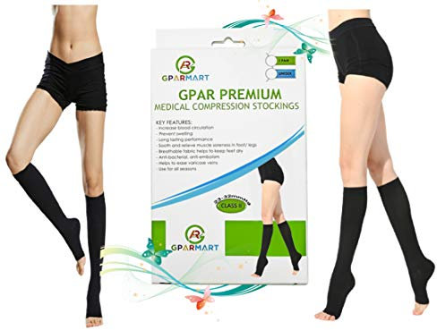 GPAR Premium, Bas de contention médicale de classe 2, 23-32 mmHg, bout ouvert jusqu'au genou, pour l'œdème, les varices, Réduit l'enflure, La douleur dans les jambes- Noir- Unisexe (SMALL)
