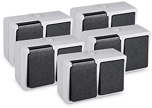 HEITECH Aufputzsteckdose & Aufputzschalter Kombination IP44 - Neues Modell - 5x Aufputz Schutzkontakt Steckdose & Wechselschalter AP für Feuchtraum - Schutzkontaktsteckdose 250V 16A