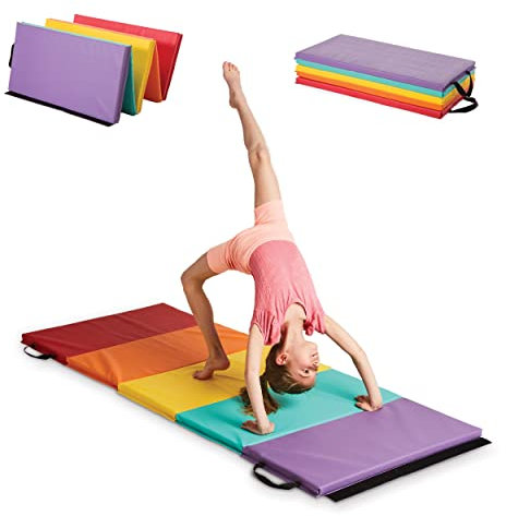HearthSong Gymnastikmatte für Kinder, 5 Paneele, bunt, Regenbogenfarben, faltbar, für aktives Spielen, mit Tragegriffen, 190 cm lang x 76 cm breit
