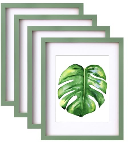 EGOFINE 14x11 Picture Frame,100% Solid Wood Frames with 10x8 Mat,14x11 Photo Frames with Plexiglass,35.6x27.9cm Poster Frame for Tabletop and Wall Mounting,Green,4 Pack