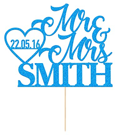 Personalised Wedding Cake Toppers with Double Sided Glitter Paper, Customised Wedding Gifts for Couple, Blue