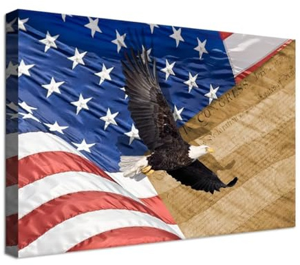 Kunstdruck auf Leinwand mit Adler, für Wohnzimmer, Schlafzimmer, Heimdekoration, Adler mit Flagge, Bild, Poster, Drucke, modernes Kunstwerk, gerahmt, fertig zum Aufhängen, 45,7 x 61 cm (H x B)