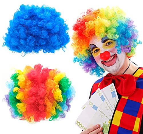 AMJKEJI 2 Stück Afro Clown Perücke, Locken Perücke Elastisch Regenbogen Perücken Haarteile Kostüm Prop Kopfschmuck für Halloween, Weihnachten, Geburtstag, Karneval