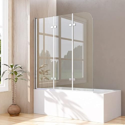 Duschwand für Badewanne 3-teilig 120x140cm faltbar Silber Dreifaltigkeitstür Duschtrennwand, Trennwand Badewannenwand Sicherheitsglas Badewannenaufsatz Dusche mit 6mm Nano Glas