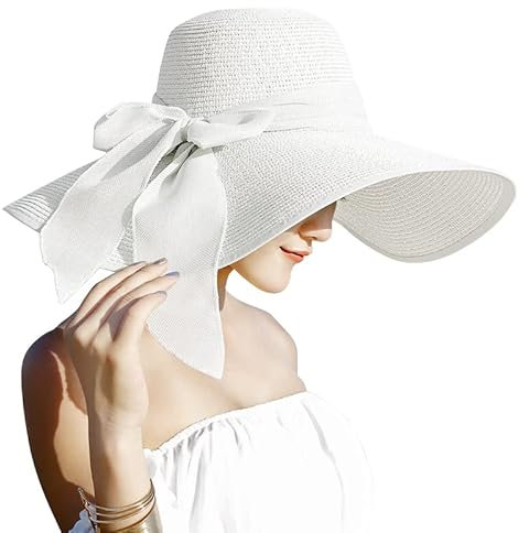 Lanzom Womens 5.7 Inches Big Bowknot Straw Hat Large Floppy Foldable Roll up Beach Cap Sun Hat UPF 50+, White, One Size