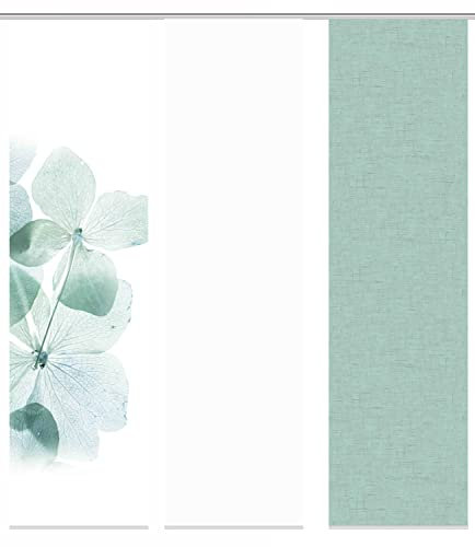 HOME WOHNIDEEN Schiebewand Bonita Leinenstruktur Digitaldruck mit Zubehör, Farbe:Mint, Größe:245 x 60 cm, Anzahl:3er Set (2X Bedruckt, 1x Uni)