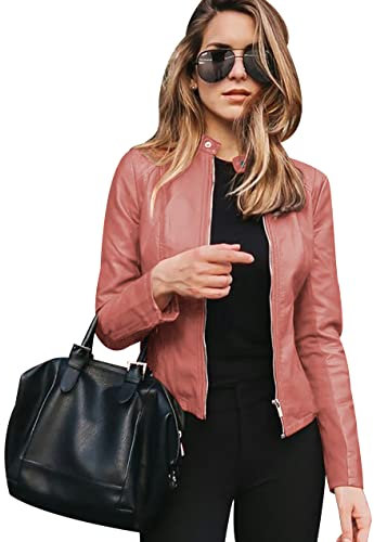 Veste Simili Cuir Femme Blouson Simili Cuir Faux Leather Jacket Femme Veste Biker Blouson Motard Femme Veste Cintrée Imitation Cuir Femme Col Montant PU Grande Taille Blousons Moto Femme Rose XXL