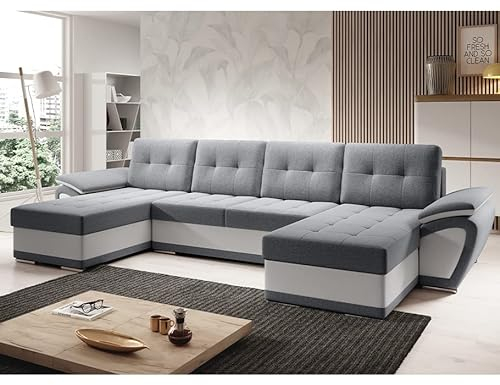MODERNO Wohnlandschaft Sofa mit Schlaffunktion ENZO U - Sofa U-Form mit Bettkasten - Modern Ecksofa Schlafcouch - Steppsofa Zweifarbig - Grau-Weiß