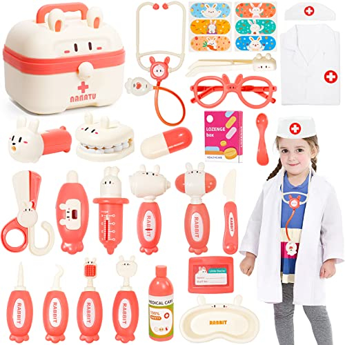 Maletin Medico Juguete, 25 Pzs Kit Medico Infantil Doctora Juguetes Niñas con Estetoscopio Juguete Y Disfraz Enfermera Medico Niña Niño 2 3 4 5 6 Años Educativos -Kit Medico & Set Dentistico