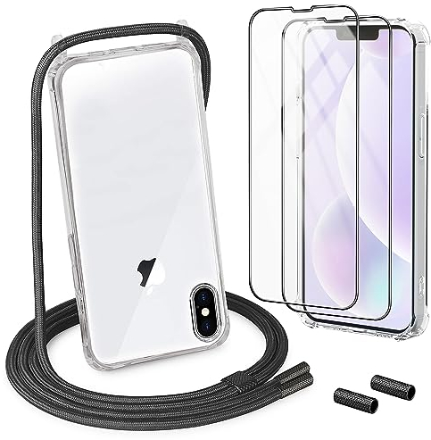 DiDaDi Handykette für iPhone X/Xs Hülle mit Band 1*Transparent Schutzhülle mit 2*Schutzfolie, Abnehmbar Handyband Necklace Handyhülle zum Umhängen Kordel Case (Schwarz)