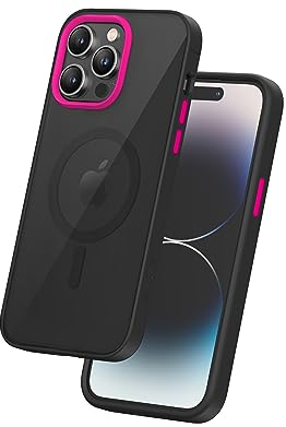 FLOLAB Surtect Tri-Fusion magnetische Schutzhülle für iPhone 14 Pro Max, schlankes Design, Magsafe-kompatibel, schwarzer Rahmen, schwarze Rückplatte, Hot Pink