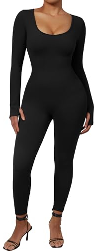 DOULAFASS Nahtloser Gerippter Langarm Jumpsuit Damen Eng Square Neck Bauch Weg Full Body Einteiler Yoga Sport Body Romper Schwarz S