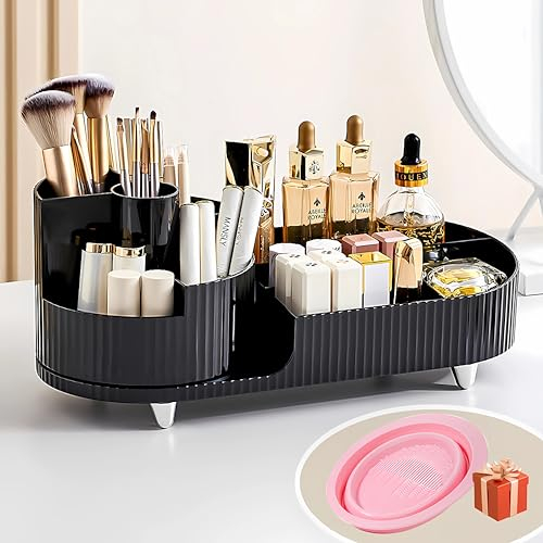JVISION Organizer Trucchi, Porta Trucchi Organizer Rotante a 360°, Compartimento Rotante 2 in 1 Organizzatore Trucchi, Make Up Organizer per Profumi, Skincare, Porta Pennelli Make Up (Nero)