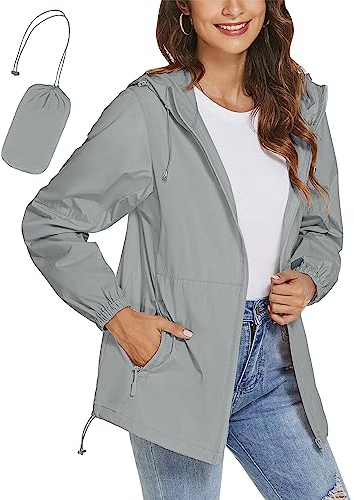 iWoo Regenjacke Damen Wasserdicht Atmungsaktiv Funktionsjacke Leicht Regenmantel Dünne Rains Outdoorjacke Sport Übergangsjacke, Grau M