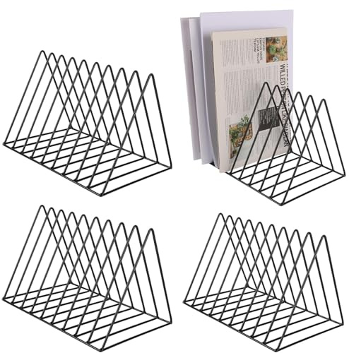 ZOFUN 4 Stück Dreieckiger Buch-Organizer, Buchstütze Metall, 9 Fächer, Zeitungsständer Metall, Magazinständer Schwarz, Schallplattenständer, Zeitungshalter für Büro,CD, Magazin, Büchern und Fotoalben