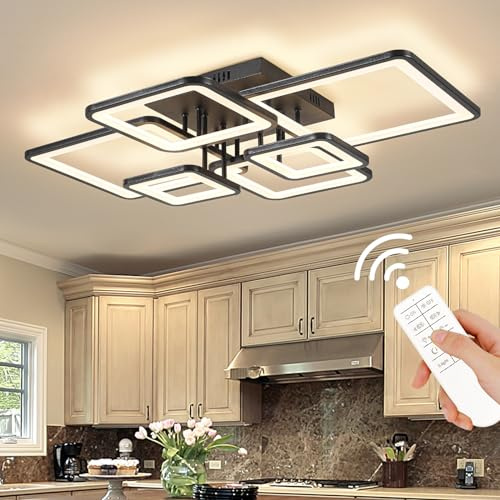 Shine LUEST Modern LED Ceiling Light Fixture Black Kitchen Lighting Fixtures Ceiling for Bedroom 31.5 Dimmable 6 Ring Square Ceiling Light for Kitchen with Remote Control for Living Room,Dining Room
