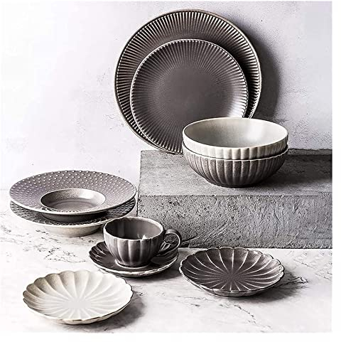 CCKUHN Service de Table de Luxe pour Famille, Service de Table en céramique, Bol à céréales, Tasse à café, Soucoupe et Assiette | Service de Table en Porcelaine à Relief Vintage 23 pièces