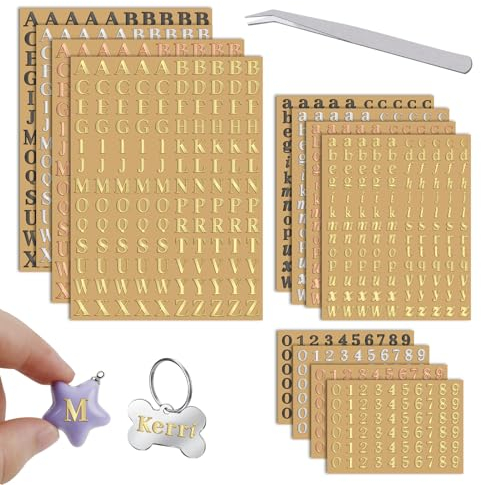 Modixun 4 Farben kleine Buchstaben Aufkleber, 12-Blatt Glitter Metall Legierung Alphabet Zahl Aufkleber, selbstklebende Mini ABC Aufkleber für Harz Scrapbooking mit Pinzette, 4.5mm