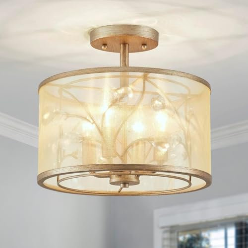 SHRINE LIGHTING Deckenleuchte im Flush-Mount-Design, Perfekte Trommel-Pendelleuchte für Wohnraum, D30cm x H27cm, 4 * E14, Lampenschirm aus goldfarbenem Stoff & Rahmen aus Messing-Finish