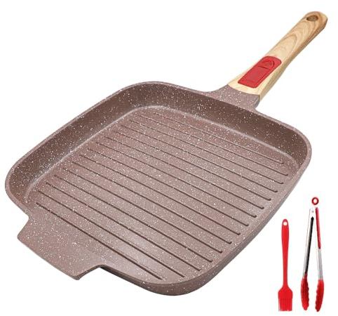 RANX INGST Grill Asador con Rayas, Revestimiento Cerámico Antiadherente, 26 cm Sartén Parrilla de Aluminio Fundido con Mango Extraíble - Marrón