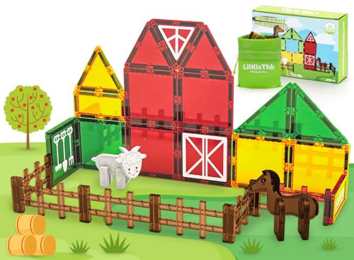 LilKisThk Magnetic Tiles Farm Animal Construction Set, Magnetic Building Blocks STEM Educational Toys for Kids Ages 3-8, 3D Magnet Tiles Toddler Toys Birthday Gifts for Boys Girls