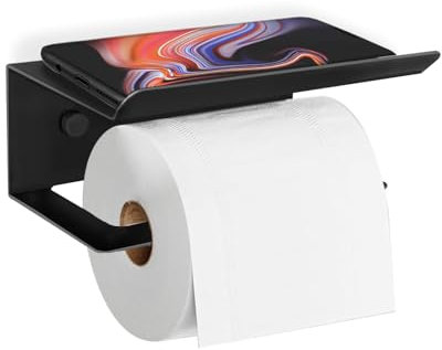 ZephyrCraft Toilet Roll Holder Wall Mounted, Black Toilet Paper Holder with Phone Shelf, SUS304 Stainless Steel, Self-Adhesive and Wall Mounted Bathroom Kitchen Paper Roll Holder