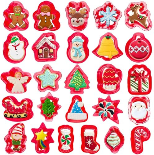 Lot de 26 mini emporte-pièces de Noël en plastique Bonhomme en pain d'épices, arbre de neige, renne, Père Noël, flocon de neige, sucre d'orge, etc