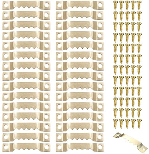 DHWEKU 30 Pezzi Ganci dentati per Quadri dentellati Completi Fi Viti Colore Oro ottonati appendi Cornice Foto Gancio a Dente di Sega per la Maggior Parte delle Cornici per Parete Opere da Orologi