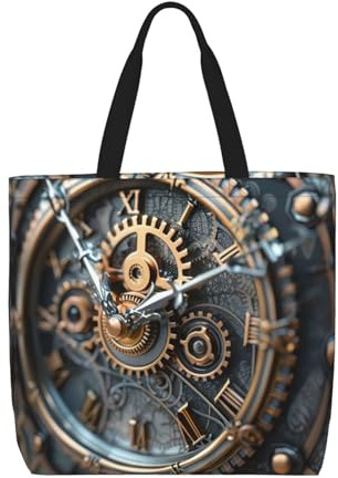 MyPiky Schultertasche mit Uhr-Zahnrad-Aufdruck, Handtasche, wiederverwendbare Einkaufstasche für Büro, Shopping, Reisen, Schwarz, Einheitsgröße