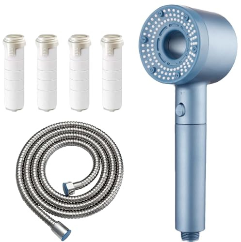 EnixwH Wassersparender Duschkopf, Duschbrause mit Schlauch Wassersparend, Duschkopf mit Schlauch 1.5M, Handbrause mit Hochdruck und 5 Strahlarten für Hartes, Restchlor, Bakterien (Blau)