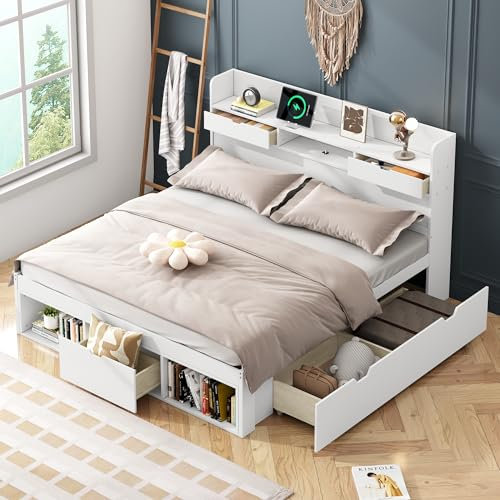 Rtopsu Doppelbett Holzbett 140x200 cm mit USB-Kopfteil, Bett mit 3 Stauraum Schubladen und Stauschrank, Stauraumbett Bettgestell mit Bettkasten und Lattenrost aus Holz, Weiß, Ohne Matratze