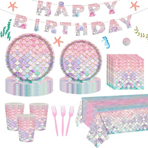 122 Pcs Mermaid Plates and Napkins Party Supplies Birthday Set for 24 Guests