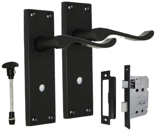Black Bathroom Door Handle & Privacy Lock & Bathroom Sash Lock - Victorian Style Internal Thumb Turn Latch for Interior Doors Matt Black Door Handles (1 Pair of Bathroom Handles + Bathroom SASH Lock)