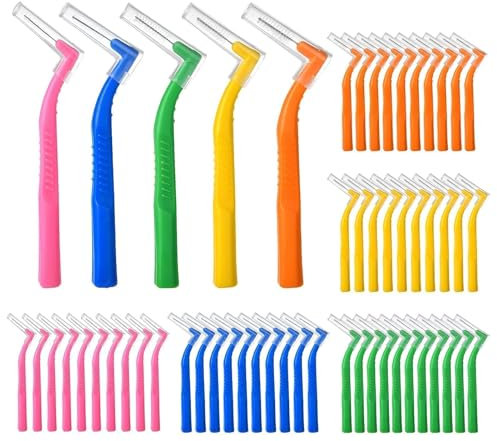 50 Pezzi Spazzolini Interdentali con 5 Colori e 5 Misure(, Anti-Placca e Anti-Carie, Scovolini Dentali L-Scovolino per Cura della Bocca Rimozione Placca e Pulizia Interdentale per Spazi Piccoli