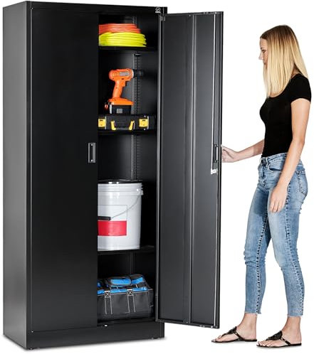 Schwerlast-Metallschrank-Aktenschrank-Werkzeugschrank Metall-Aufbewahrungsschrank – 71 Zoll großer Stahlschrank -mit 4 Verstellbaren Fachböden – Abschließbar –180 cm x 80 cm x 40 cm (Schwarz)
