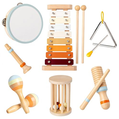 Musikinstrumente für Kinder ab 3 Jahre,Montessori Spielzeug ,7 in 1 Musikinstrumentenset für Kinderspielzeug,Trommel Schlagzeug Holzspielzeug Geschenkideen für Jungen Mädchen