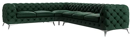S-Style Möbel Sofa Couch Ecksofa Eckcouch 323 x 264 x 75 cm Samtstoff Links Metallbeine Silber Elegant Gesteppt Freistehend Maria Flasche Grün