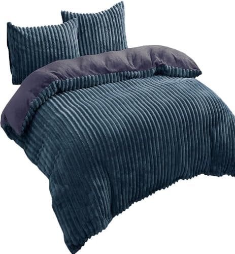 Visaggio 3-teilige Winter Bettwäsche 200x220 cm Teddy Plüsch Cord Streifen Cashmere Touch Nicky Coral Fleece Dunkelgrün
