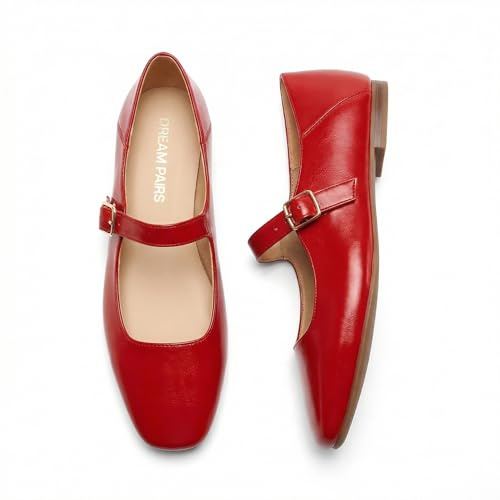 DREAM PAIRS Ballerines Femme Mary Jane à Bout Carré, Chaussures Plates Confortables à Enfiler pour Bureau, Travail, Sorties ou Tenue Quotidienne,Size 38,Rouge,DWUMFA2520