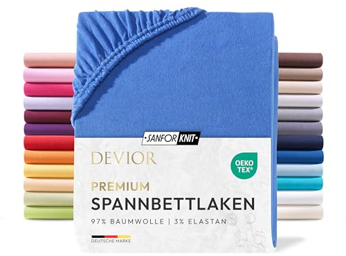 Devior Premium Spannbettlaken 180x200cm - 200x220cm für Boxspringbetten bis 32cm, 97% Baumwolle & 3% Elastan, Royalblau – 190 g/m² Anti-Statisches, atmungsaktives Bettlaken mit Einlaufschutz