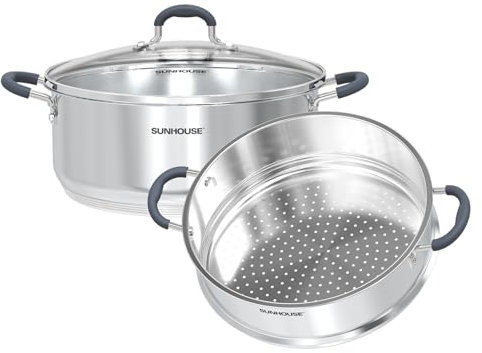 Sunhouse - Dampfgarer mit Deckel, 2-stöckig, Mehrzweck-Edelstahl-Dampfgarer für Gemüse, Knödel, Soßen, Lebensmittel – dreifacher Boden, Messlinie, 5,5 l